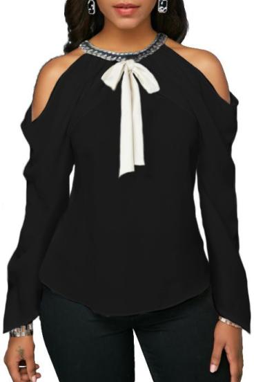 Elegantna bluza z odkritimi rameni in okrasno verižico Odette, črna