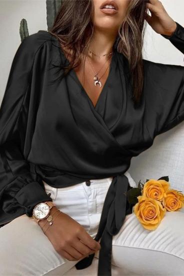 Elegantna bluza z globokim izrezom na preklop in trakom Mazzanta, črna