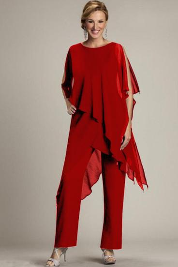 Komplet elegantne polprosojne tunike in dolgih hlač Claudette, rdeč