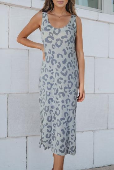 Elegantna maxi obleka z leopardjim potiskom, siva
