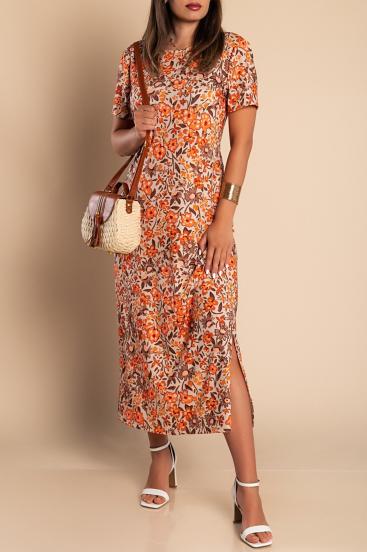 Maxi obleka s cvetličnim potiskom, oranžna